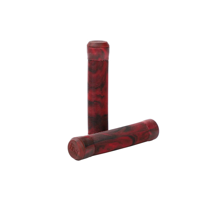 Fiend Flangeless Grips in red marble with angled rib pattern and nylon plug ends for BMX handlebars