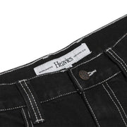 HEAVIES CLASSIC BLACK JEANS with woven label and custom button, heavyweight denim.