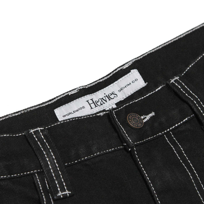 HEAVIES CLASSIC BLACK JEANS with woven label and custom button, heavyweight denim.
