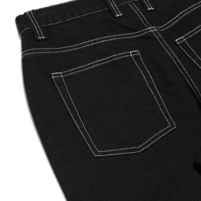 HEAVIES CLASSIC BLACK JEANS with white stitching, high-waisted, five pockets, heavyweight denim design.