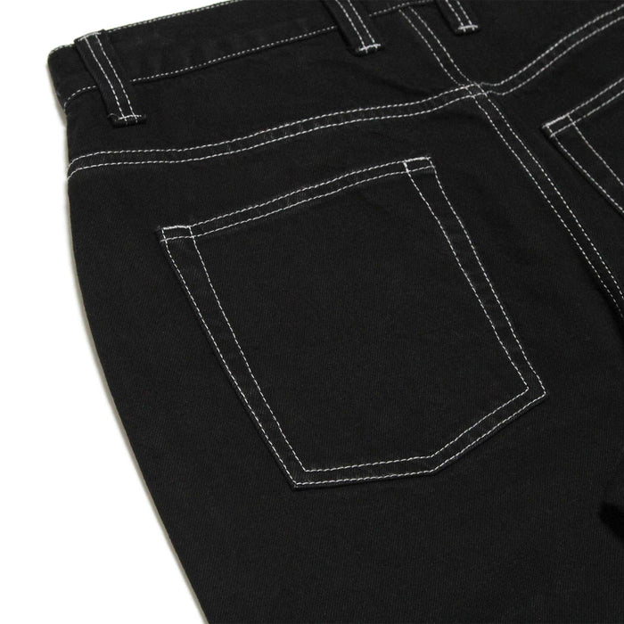 HEAVIES CLASSIC BLACK JEANS with white stitching, high-waisted, five pockets, heavyweight denim design.