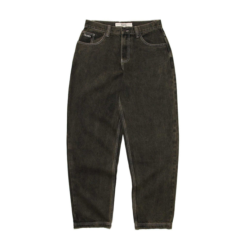 HEAVIES classic brown washed jeans with big baggy fit, tapered leg opening, high waist, 5 pockets, and heavyweight denim