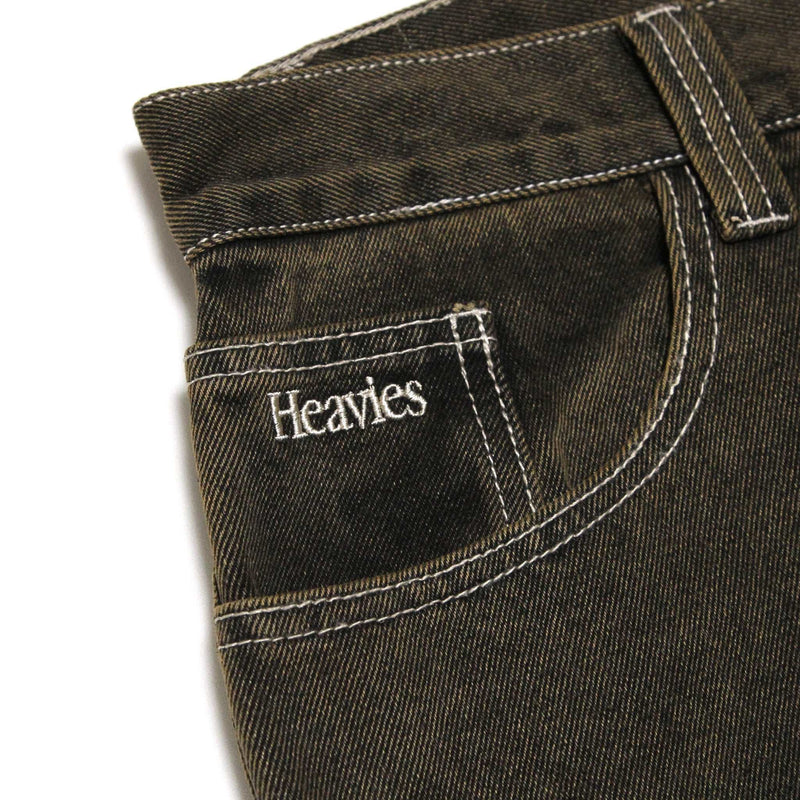 HEAVIES CLASSIC BROWN JEANS with embroidered logo on pocket and sturdy stitching.