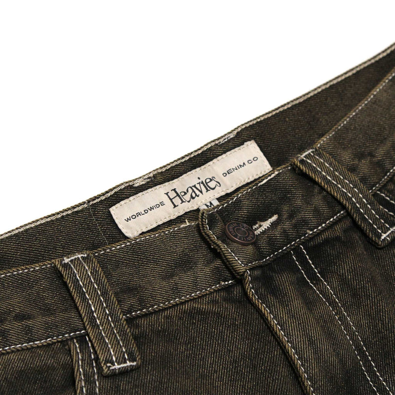 HEAVIES Classic Brown Jeans with heavyweight denim, metal zip, and embroidered logo.