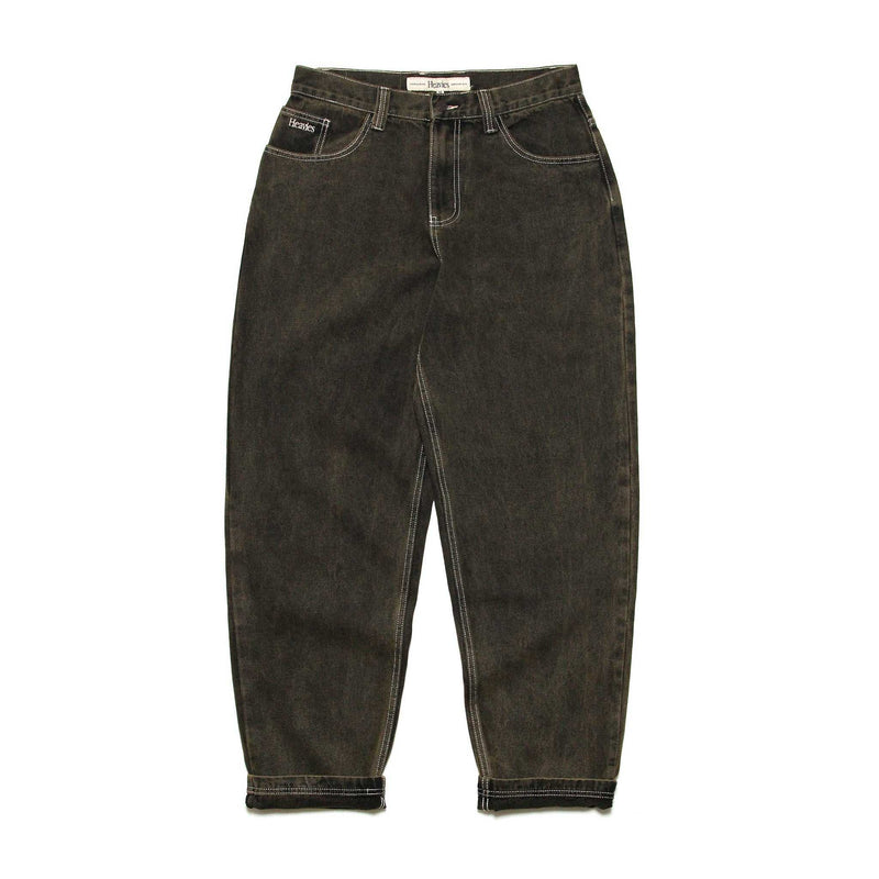 HEAVIES Classic Brown Washed Jeans, baggy fit, tapered leg, heavyweight denim.