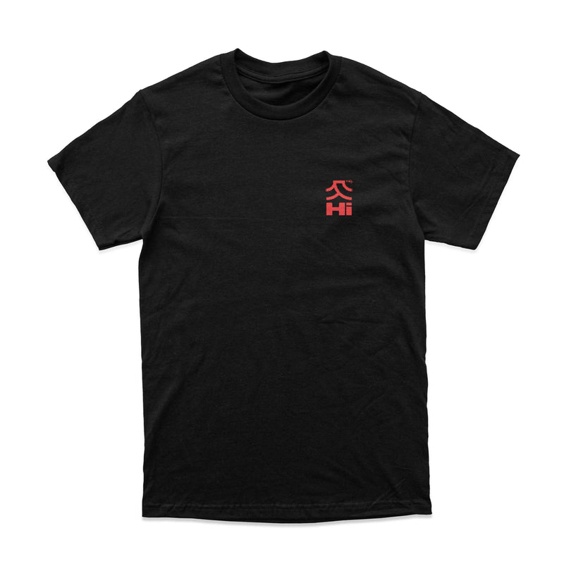 Black HIGHER HI THERE T-SHIRT with small red screen printed logo, 100% combed cotton, relaxed fit, heavy weight 220 GSM