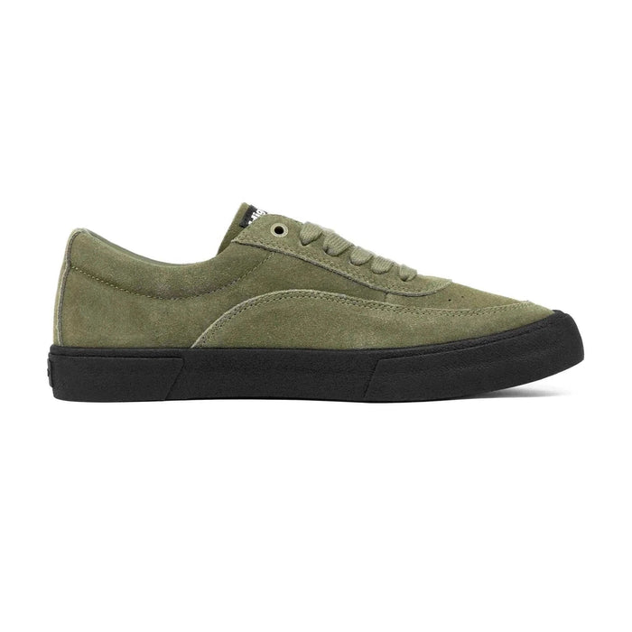 Higher Crypt Suede olive low profile sneaker with reinforced toe and side panels and black textured outsole