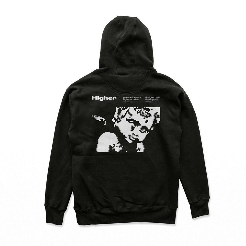 Black Higher Crypt Hoodie with pixelated art print and kangaroo pocket