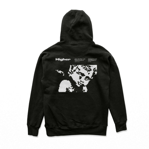 Black Higher Crypt Hoodie with pixelated art print and kangaroo pocket