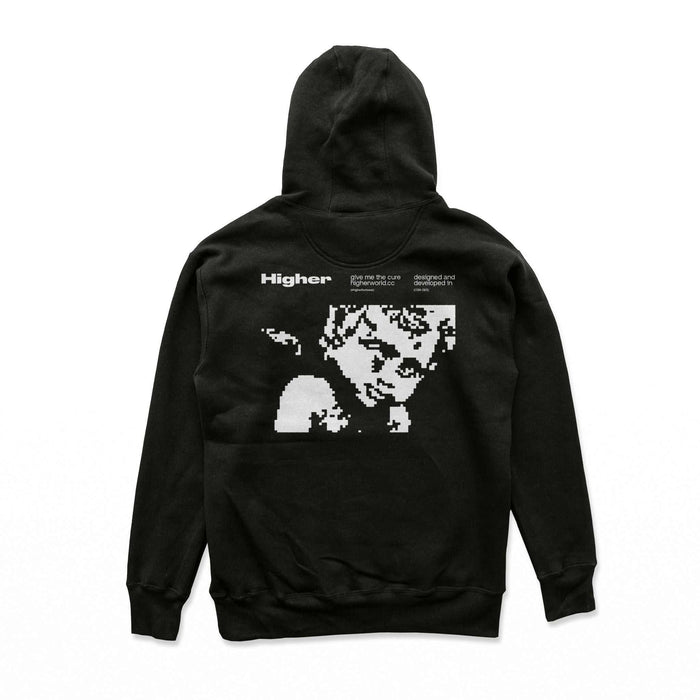 Black Higher Crypt Hoodie with pixelated art print and kangaroo pocket