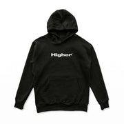 Black Higher Logo Hoodie with kangaroo pocket, lined hood, and ribbed cuffs, made from 80% cotton and 20% recycled polyester fleece.