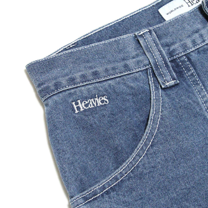 HEAVIES BERN DOUBLE KNEE JEANS in washed blue, featuring embroidered logo and chunky belt loops.