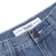 HEAVIES BERN BLUE JEANS with double knee stitching and custom button.