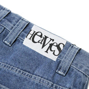 HEAVIES BERN double knee jeans in washed blue denim with embroidered label.