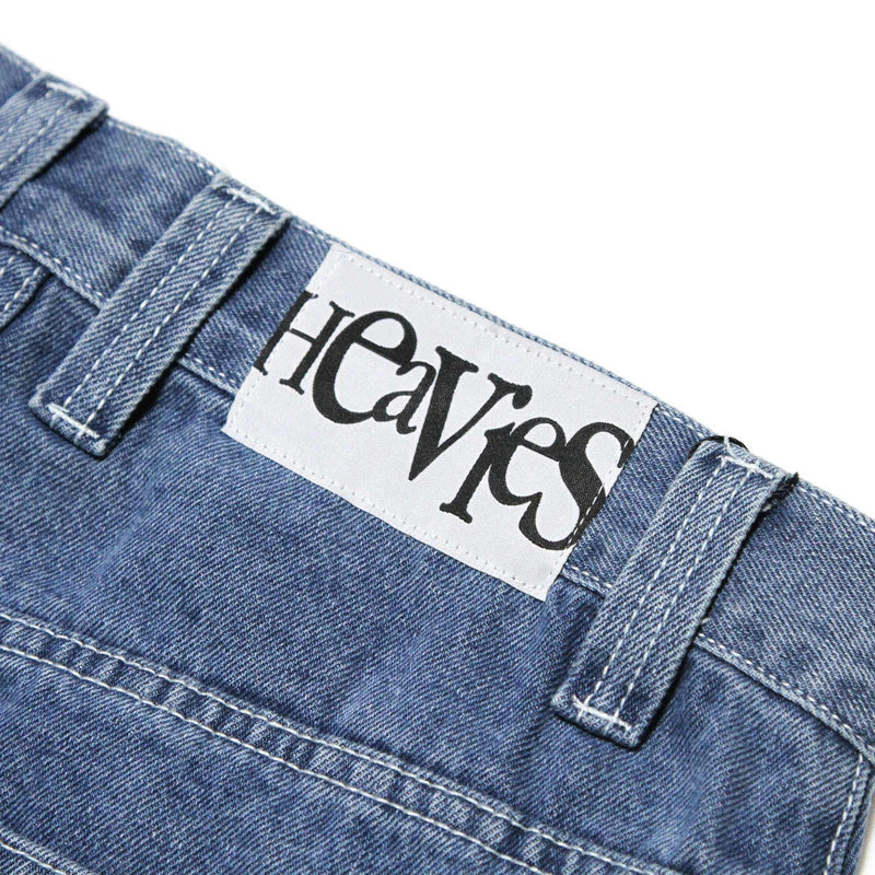 HEAVIES BERN double knee jeans in washed blue denim with embroidered label.