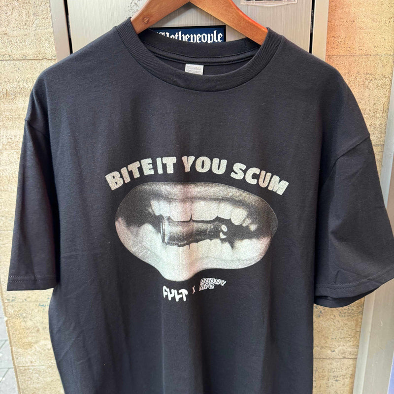 Black Cult X Buddy MFG "BITE IT" t-shirt with bold graphic and front DTG print