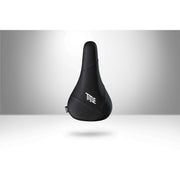 Black MTB JS1 SEAT with white logo, soft flexible surface, and reinforced chromoly rails for mountain biking.