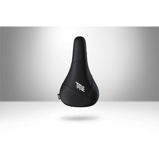 Black MTB JS1 SEAT with white logo, soft flexible surface, and reinforced chromoly rails for mountain biking.