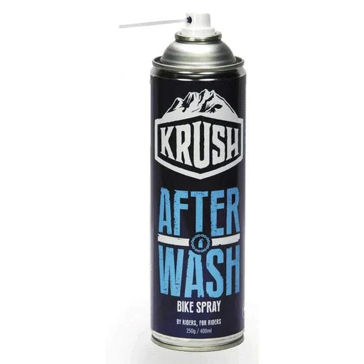 KRUSH AFTER WASH bike spray in black aerosol can with blue and white text and mountain logo