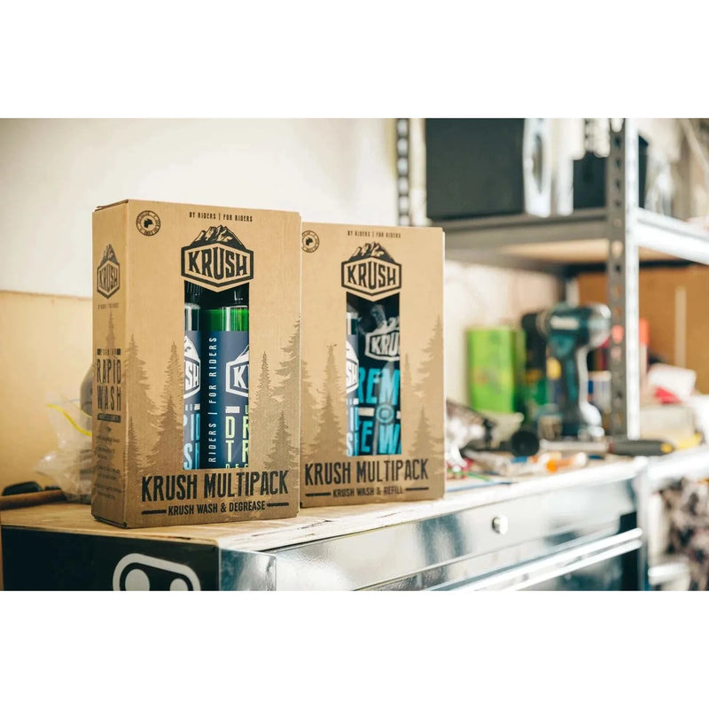 KRUSH MULTIPACK wash and refill set in eco-friendly cardboard packaging on workshop table