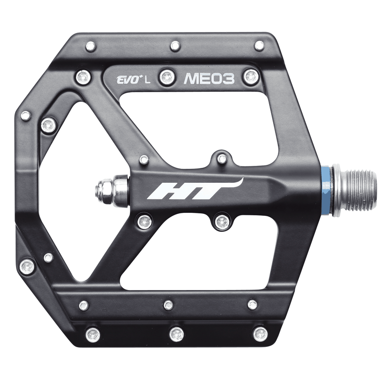 HT Components ME03 EVO+ black magnesium CNC machined bike pedal with replaceable aluminum pins and EVO+ bearings system