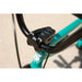 Close-up of Sunday Primer 20" bike black handlebar stem and turquoise frame with Sunday logo