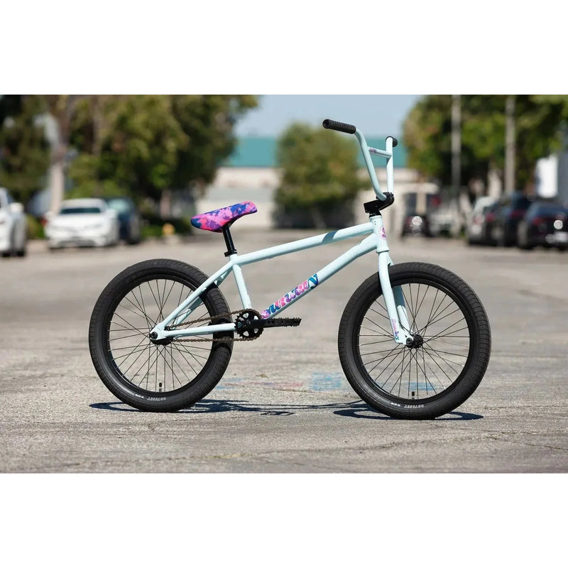 Matte sky blue Sunday Forecaster Ross 20" BMX bike with chromoly frame and colorful saddle.