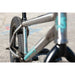 Close-up of Sunday Forecaster 20" chromoly BMX bike frame with turquoise branding and black components.