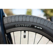 Close-up of Odyssey Path Pro tire and Sunday Lightning rim on Sunday Forecaster BMX bike wheel