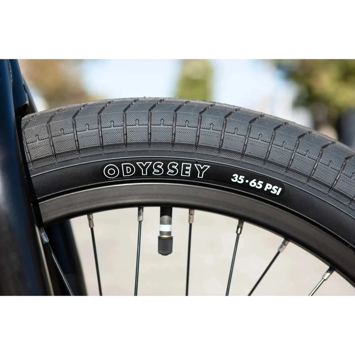 Close-up of Odyssey Path Pro tire and Sunday Lightning rim on Sunday Forecaster BMX bike wheel