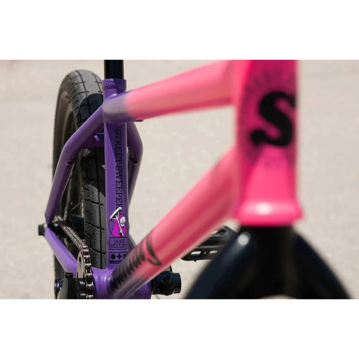 Sunday Street Sweeper BMX bike frame in matte hot pink to matte grape fade by Jake Seeley with chromoly build and signature decals