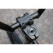 Close-up of black Sunday EX Elstran BMX bike handlebar stem with engraved branding and bolts