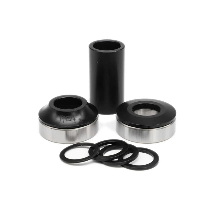 FIEND MID SIZE bottom bracket set with sealed R12 bearings, alloy bearing cones, internal tube spacer, and crank arm spacers for precise chain alignment