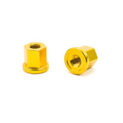 Pair of gold MISSION aluminum axle nuts with 17mm hex size and 3/8" or 14mm thread, lightweight and durable.