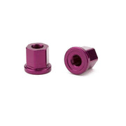 Pair of purple Mission aluminum axle nuts, 17mm hex, lightweight and compatible with 3/8" and 14mm threads