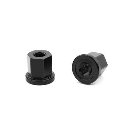 Pair of black MISSION aluminum axle nuts, 17mm hex, lightweight 3/8" and 14mm thread sizes