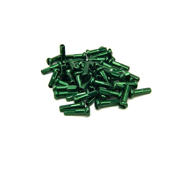 Green anodized Mission aluminum spoke nipples, 14-gauge, 16mm length, lightweight bike parts pack of 40