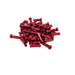 Pile of red anodized Mission aluminum spoke nipples for bicycle wheels, lightweight 14-gauge, 16mm length, 40 pieces per pack