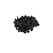 Pile of black Mission Aluminum Spoke Nipples, lightweight 14-gauge aluminum, 16mm length, 40 pieces per pack