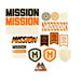 MISSION Assorted Sticker Set featuring 19 BMX-themed stickers in black, orange, and white colors for bikes, lockers, and ramps.