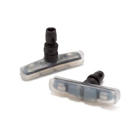 Clear Mission brake pads with soft compound, 60mm length, compatible with 990 style brakes, 5mm allen key installation.