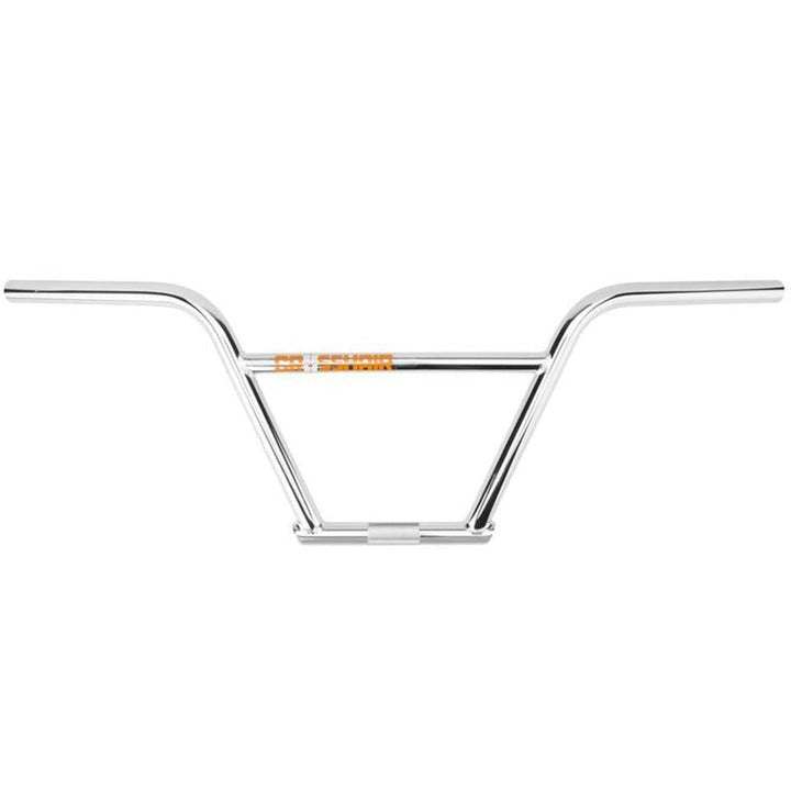 MISSION CROSSHAIR 4PC BAR made of 4130 chromoly tubing with 9" rise, 29.5" width, 12° backsweep, and 1° upsweep, featuring a classic four-piece design and deep knurling at clamp area.