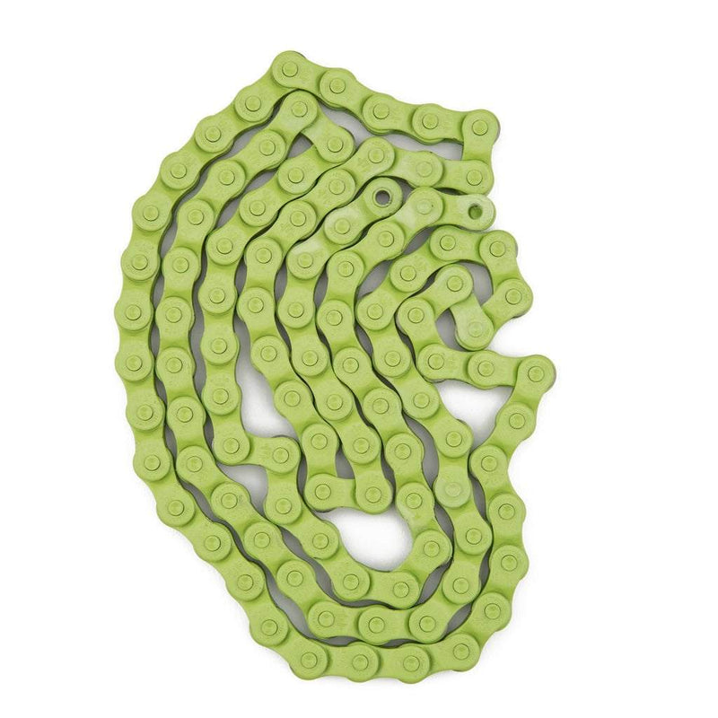 Green MISSION HALF-LINK CHAIN with Teflon coating for precise adjustment on bicycles, 100 links, 1/8 inch size.