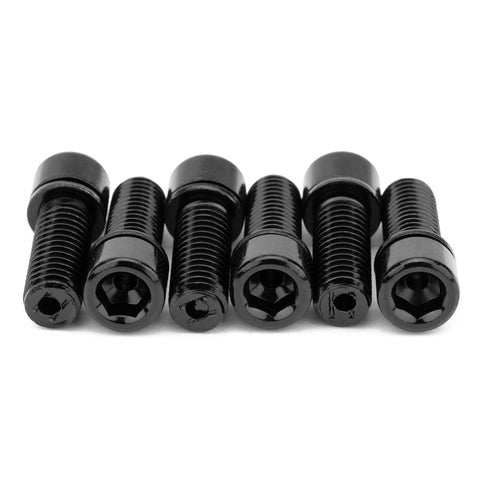 Set of six black MISSION hollow stem bolts for BMX stems with 6mm hex and M8*P1.25mm thread, 23mm length.