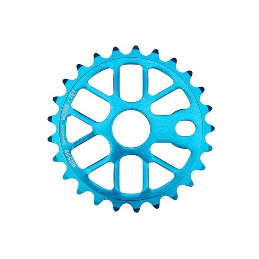 Blue lightweight 6061 aluminum Mission Nexus sprocket with webbed spoke design and 25 teeth