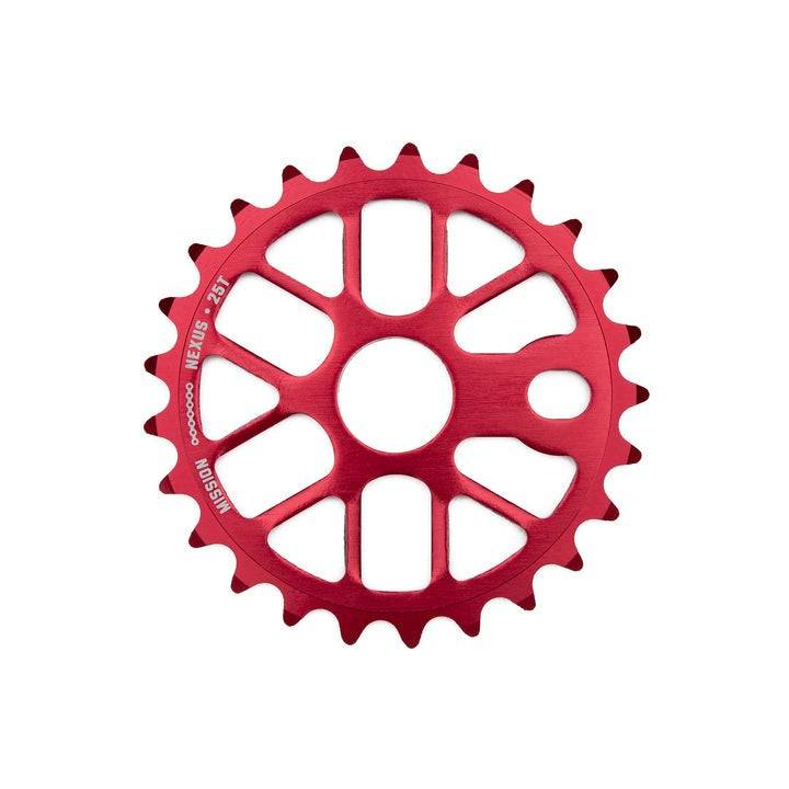 Red MISSION NEXUS SPROCKET bike gear with 25 teeth and circular cutouts