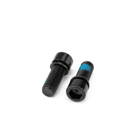 MISSION pinch crank bolts M6 x P1.0 pair of black replacement bolts with blue thread lock for crank arms, 6mm Allen key compatible.
