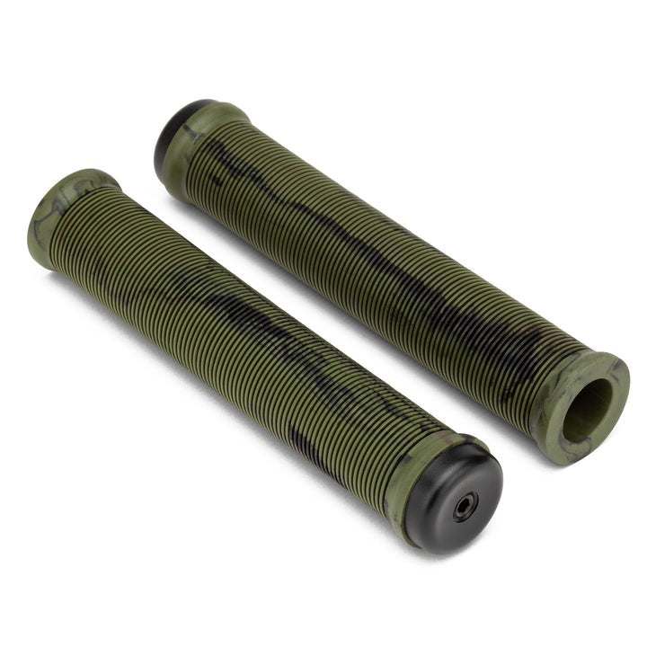 Mission Tactile flangeless bicycle grips with spiral rib pattern and included expanding wedge barends in olive green