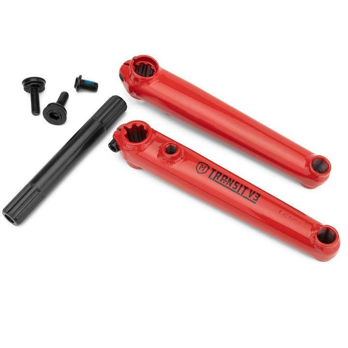 Red MISSION TRANSIT V3 CRANK tubular chromoly 3-piece bike crankset with cold-forged 19mm spindle and mounting bolts.