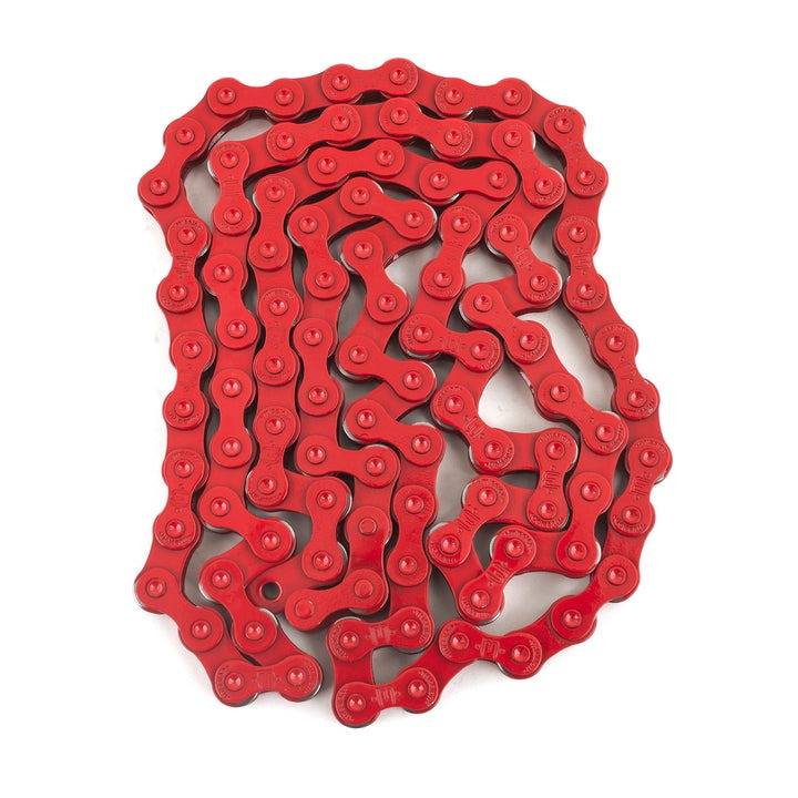 Red MISSION 510 CHAIN with heat-treated pins, thicker side plates, Teflon coating, 100 links, half-link and master link included, durable bike chain.